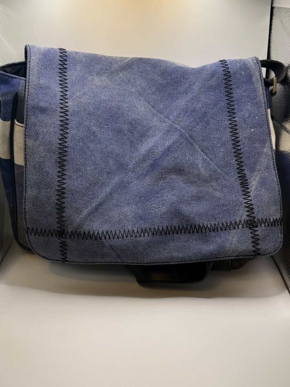 Cole Haan messenger bag blue/black/white canvas with leather strap